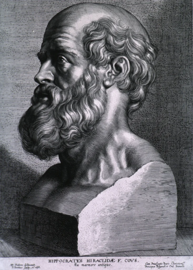 Engraved portrait bust of Hippocrates in profile with a thick curling beard, by Paulus Pontius after Peter Paul Rubens, 1638